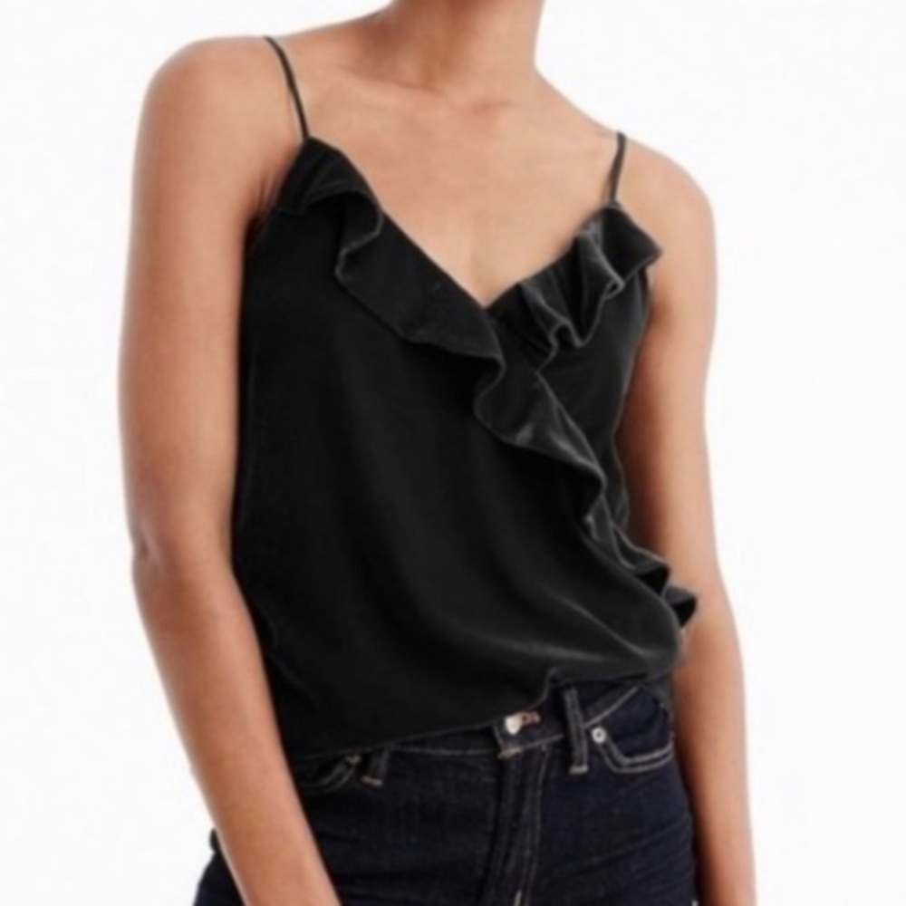 J. Crew Going Out Ruffle Velvet Top in Black (size 2)